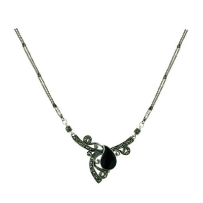 Marcasite Necklace 16X10mm Teardrop Onyx Ctr Fopen Marcasite Filigre