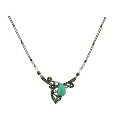 Marcasite Necklace 16X10mm Teardrop Turquoise Ctr Fopen Marcasite Filigree