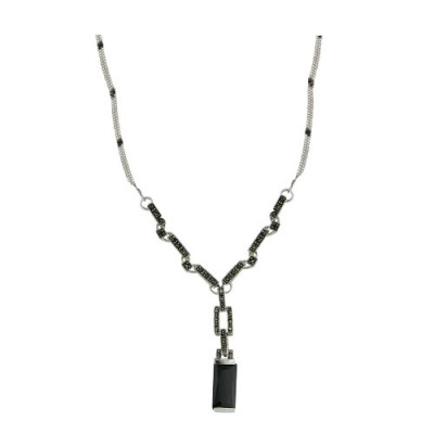 Marcasite Necklace 16" 12X6mm Rectangular Black Cubic Zirconia Open Marcasite Rectangular Top