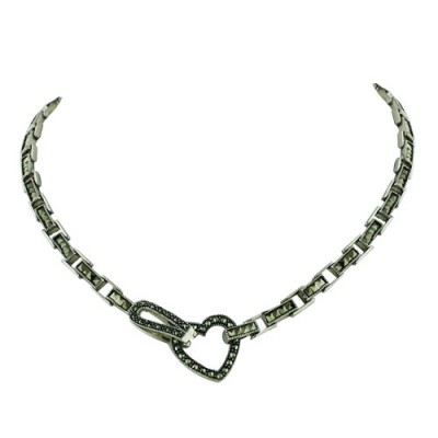 Marcasite Necklace 16" Square Marcasite Stationed Lined Open Heart End