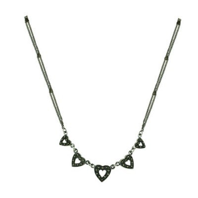 Sterling Silver Necklace Marcasite Hearts Double Chain