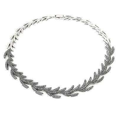 MARCASITE NECKLACE HALF MARCASITE PAVE LEAVES PATTERN