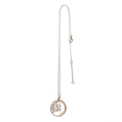 Sterling Silver Necklace Movable Round Mother of Pearl with Clear Cubic Zirconia Clover Leaf 16+2