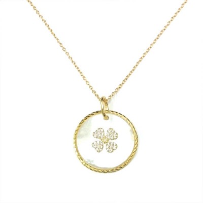 Sterling Silver Necklace Movable Round Mother of Pearl with Clear Cubic Zirconia Clover -Gold Pl