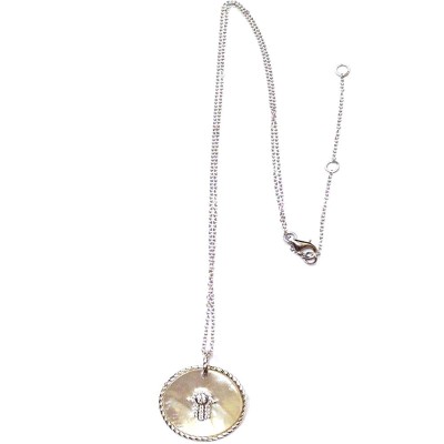 Sterling Silver Necklace Movable Round Mother of Pearl with Clear Cubic Zirconia Hamsa Hand 16+2"
