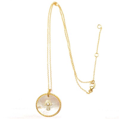 Sterling Silver Necklace Movable Round Mother of Pearl with Clear Cubic Zirconia Hamsa Hand-Gold