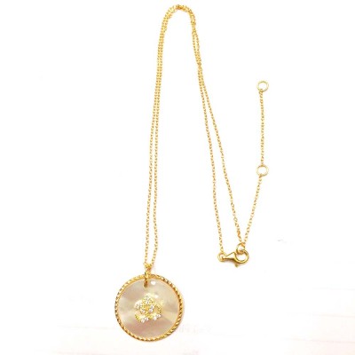 Sterling Silver Necklace Movable Round Mother of Pearl with Clear Cubic Zirconia Ohm Word-Gold P