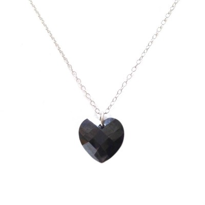 Sterling Silver Necklace Black Cubic Zirconia Heart Drop Chess Cut