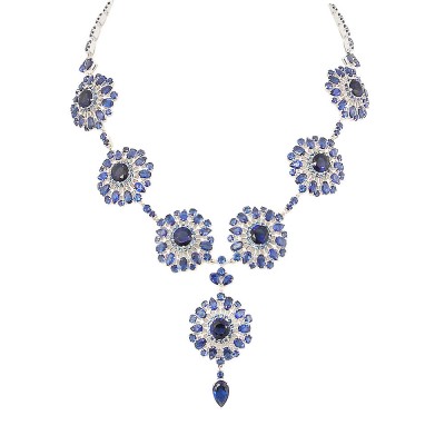 SS Necklace Sapphire Glass Flower Y Shaped Dangle, Silver