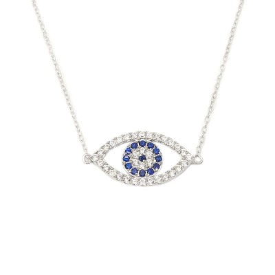 STERLING SILVER NECKLACE BLUE CUBIC ZIRCONIA WITH CLEAR CUBIC ZIRCONIA EVIL EYE