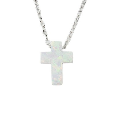 STERLING SILVER NECKLACE RECONSTITUTE WHITE OPAL CROSS