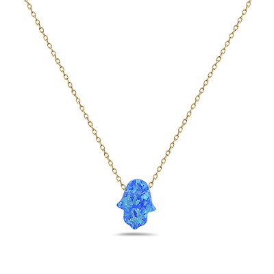 STERLING SILVER NECKLACE SYNTHETIC BLUE OPAL HAMSA **GD