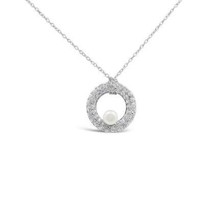 STERLING SILVER NECKLACE FLOATING O PAVE CUBIC ZIRCONIA 1 FRESH WATER PEARL