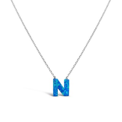 STERLING SILVER NECKLACE LAB CREATED BLUE OPAL INITIAL N