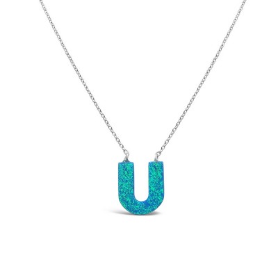 STERLING SILVER NECKLACE LAB CREATED BLUE OPAL INITIAL U