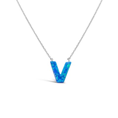 STERLING SILVER NECKLACE LAB CREATED BLUE OPAL INITIAL V