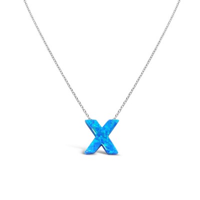 STERLING SILVER NECKLACE LAB CREATED BLUE OPAL INITIAL X