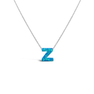 STERLING SILVER NECKLACE LAB CREATED BLUE OPAL INITIAL Z
