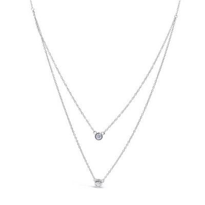 STERLING SILVER NECKLACE 2 STRANDS 16"+18" CLEAR CUBIC ZIRCONIA BEZEL 4MM