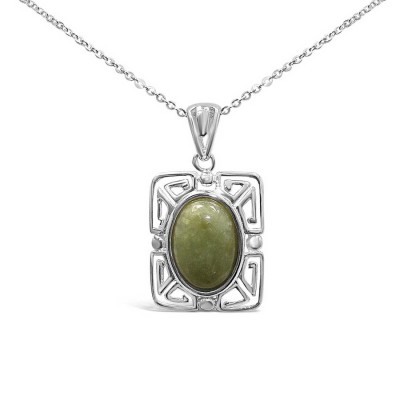 Sterling Silver Necklace Oval Green Jade Lucky Pattern Filigree
