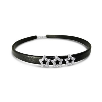 Sterling Silver Choker 3 Star Clear Cubic Zirconia Black Leather With Extensio