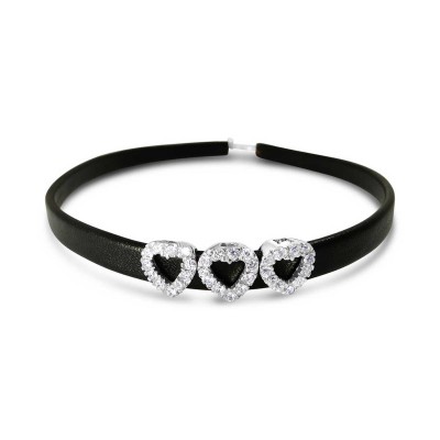 Sterling Silver Choker 3 Clear Cubic Zirconia Heart Black Leather With Exte