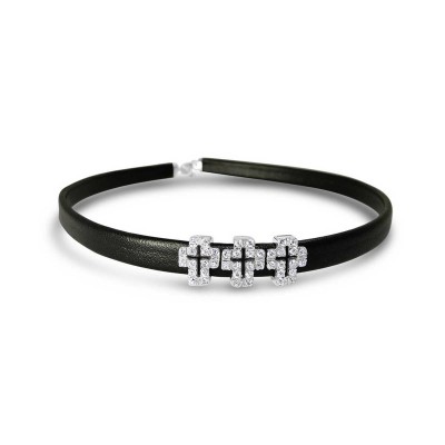 Sterling Silver Choker 3 Cross Clear Cubic Zirconia On Black Leather With E