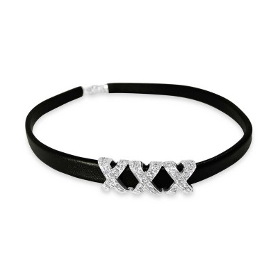 Sterling Silver Choker Xxx Clear Cubic Zirconia On Black Leather With Exten