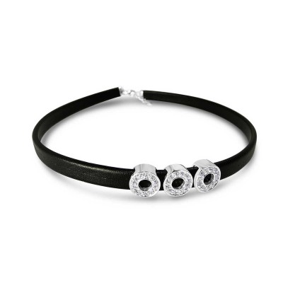 Sterling Silver Choker 3 Clear Cubic Zirconia Circle On Black Leather With
