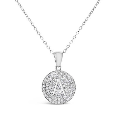 Sterling Silver Necklace Inital A Clear Cubic Zirconia Pave Base Round