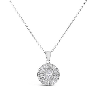 Sterling Silver Necklace Inital E Clear Cubic Zirconia Pave Base Round