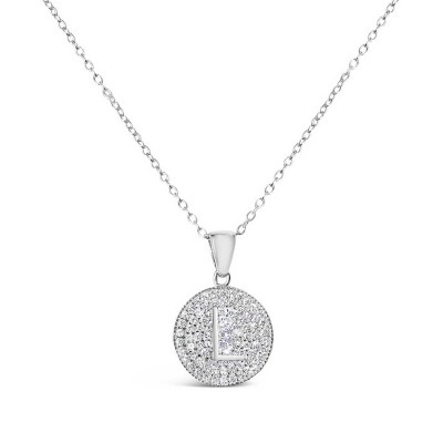 Sterling Silver Necklace Inital L Clear Cubic Zirconia Pave Base Round
