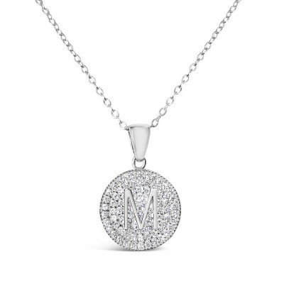Sterling Silver Necklace Inital M Clear Cubic Zirconia Pave Base Round