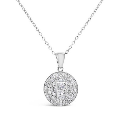 Sterling Silver Necklace Inital P Clear Cubic Zirconia Pave Base Round