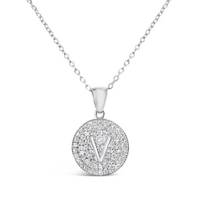 Sterling Silver Necklace Inital V Clear Cubic Zirconia Pave Base Round