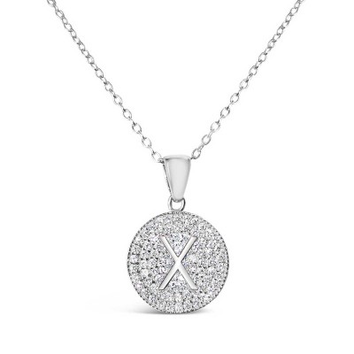 Sterling Silver Necklace Inital X Clear Cubic Zirconia Pave Base Round