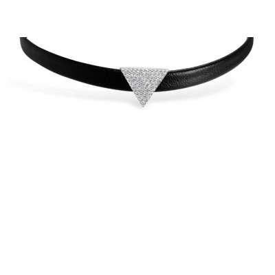Sterling Silver Choker Faux Leather Triangle Clear Cubic Zirconia Pave