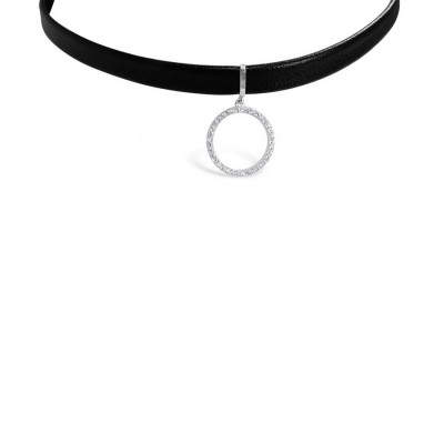 Sterling Silver Choker Faux Black Leather Clear Cubic Zirconia Circle Drop