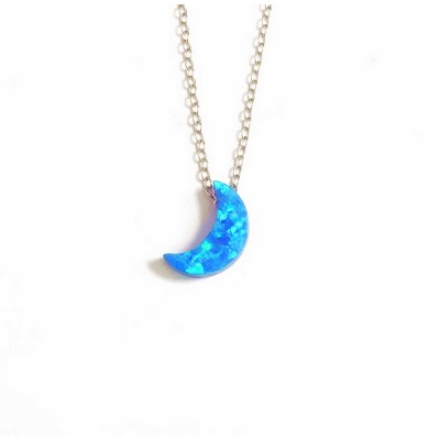 Sterling Silver Necklace Crescent Moon Lab Created Blue Opal 16