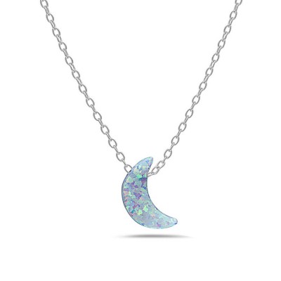 Sterling Silver Necklace Crescent Moon Lab Created White Opal 1