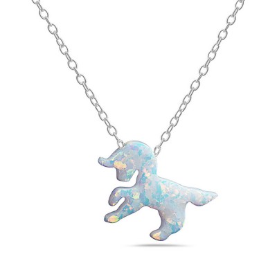 Sterling Silver Necklace Lab Created White Opal Unicorn 16+2 In