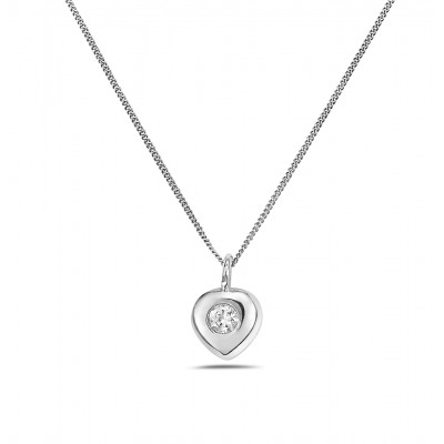 Sterling Silver Necklace Tiny Heart Charm With 1 Clear Cubic Zirconia