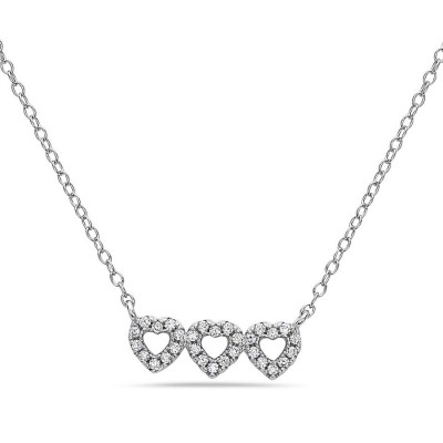 Sterling Silver Necklace Tiny Trio Clear Cubic Zirconia Heart Line