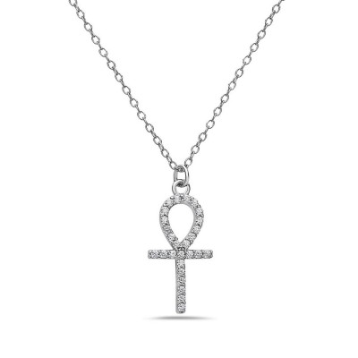 Sterling Silver Necklace Ankh Clear Cubic Zirconia Charm