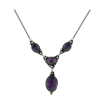 SS Necklace Oval Geniue Amthyst Woven Chain, Silver
