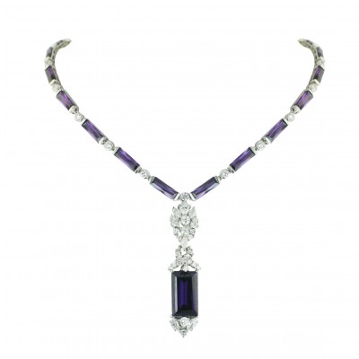 SS Necklace Teardrop Rectangle Chess Pendant Am Cz, Multicolor