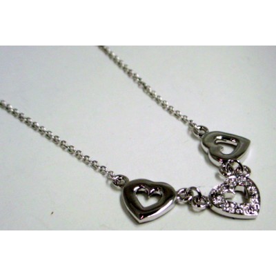 Sterling Silver Necklace Tri. Heart Clear Cubic Zirconia Cntr Pave Heart 16"