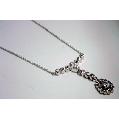 Sterling Silver Necklace Clear Cubic Zirconia Tear Drop Leaf Shape Filigree