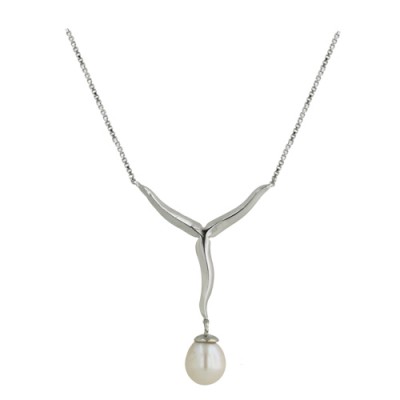 Sterling Silver Necklace Plain Sloid Y with Stick Fresh Water Pearl Drop