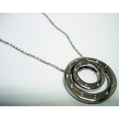 Sterling Silver Necklace Plain Double Open Cirlce with Clear Cubic Zirconia on Top